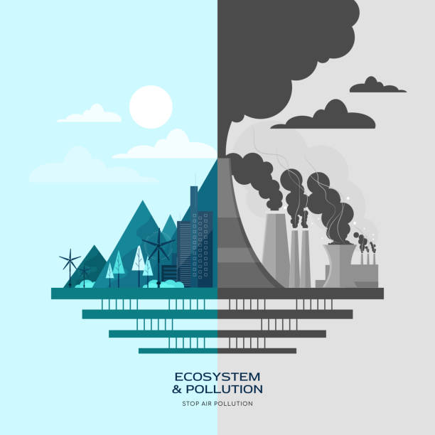 Vector of industrial factory buildings, polluting air with electricity tower, chimney, and smoke or fog air pollution. Vector of industrial factory buildings, polluting air with electricity tower, chimney, and smoke or fog air pollution. Flat set design elements with stock illustration glitch generator stock illustrations