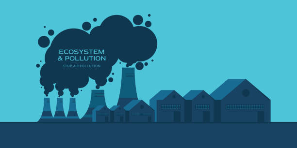 Factory pollutes the environment concept Vector of industrial factory buildings, polluting air stock illustration glitch generator stock illustrations