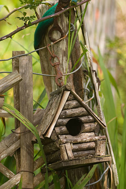istock Old weathered bird house hanging on fence post 144209480