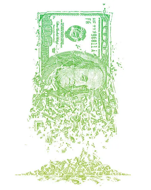 Vector illustration of Dissolving American One Hundred Dollar Bill and Inflation - Economics