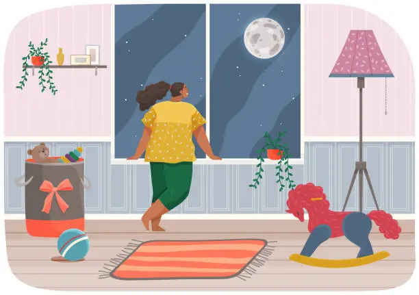 Vector illustration of Girl is standing next to windowsill and looking at moon outside window in children s room