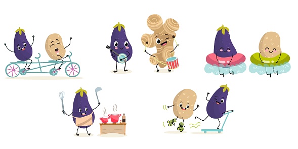 Vector illustration set of funny cartoon character of eggplant, potato and Jerusalem artichoke with musical instruments, doing sports, transportation, healthy food, ingredients.