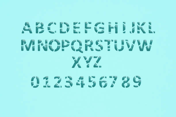 grunge green alphabet and number paper cut on blue background ,easily remove background with selection tool