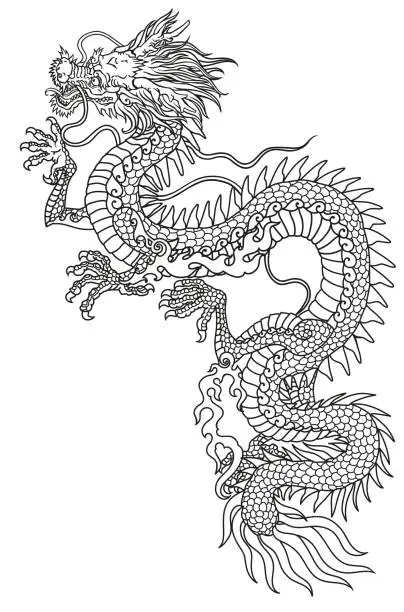 Vector illustration of Eastern Dragon line art. Side view. Black and white