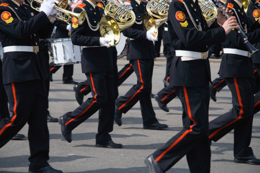 Riga, Latvia - May 4, 2016: Restoration of Independence Day. Army brass band played solemn celebration event.