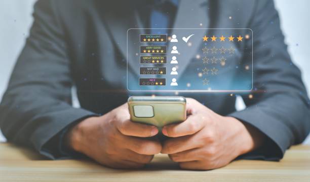 istock Businessman rating on virtual touch screen - customer service and satisfaction concept 1442102160