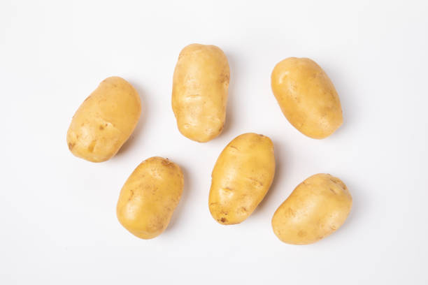 istock Fresh raw potatoes isolated on white background 1442103017
