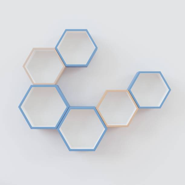 istock Hexagon wooden shelf in minimalistic style with copyspace 1442103124