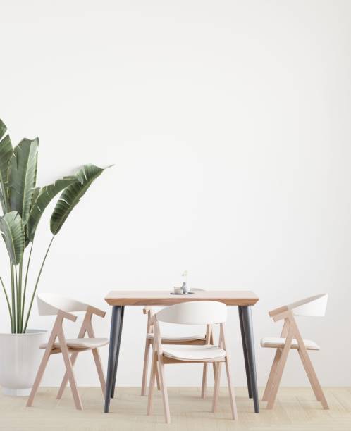 istock Dining room and kitchen copy space on white background with wooden table set and a wooden floor. 1442105187