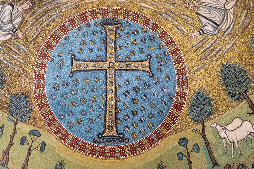 A closeup of religious mosaics on the walls of Sant'Apollinare in Classe at Ravenna, Italy