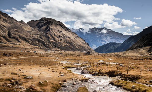 Camping at Soraypampa for trekkers doing the Salkantay Trek Camping at Soraypampa, in the bottom of a glacial valley, for trekkers doing the Salkantay Trek Sallqantay stock pictures, royalty-free photos & images