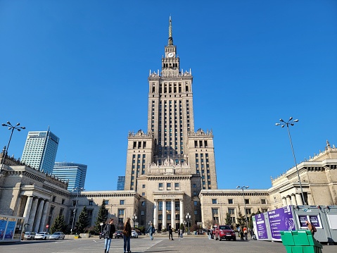 Warsaw, Poland – March 19, 2022: Palace of Culture and Science in Downtown Warsaw, Poland