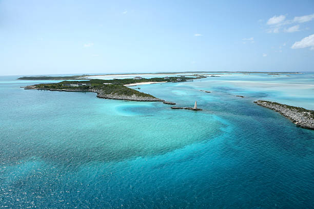 Aerial photo of Bahamian islands and blue-water coral reef  stock photo