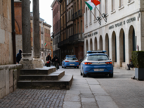 Cremona, Lombardy, Italy – March 14, 2021: Cremona, Lombardy, Italy March 2021 Police patrols downtown as red zone lockdown limits people everyday life for covid-19 pandemy