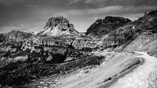 low angle view of Dolomite mountains at Tre Cime Italy