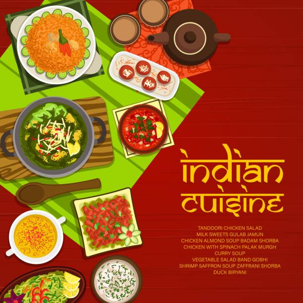 ilustraciones, imágenes clip art, dibujos animados e iconos de stock de cubierta del menú de cocina india, comida de especias asiática - shrimp tandoori indian culture appetizer