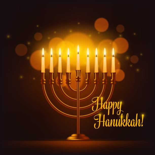 ilustrações de stock, clip art, desenhos animados e ícones de happy hanukkah vector greeting card with menorah - menorah judaism candlestick holder candle