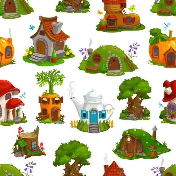 Vector illustration of Fairy houses seamless pattern, dwarf and elf homes