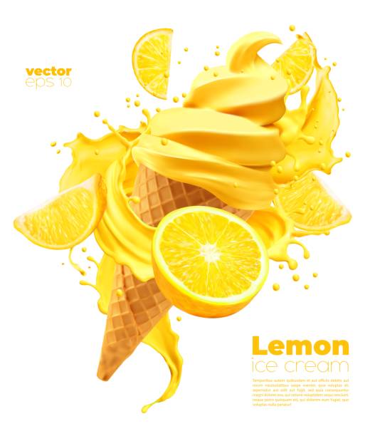 ilustrações, clipart, desenhos animados e ícones de cone de sorvete macio de limão isolado com respingo - soft serve ice cream