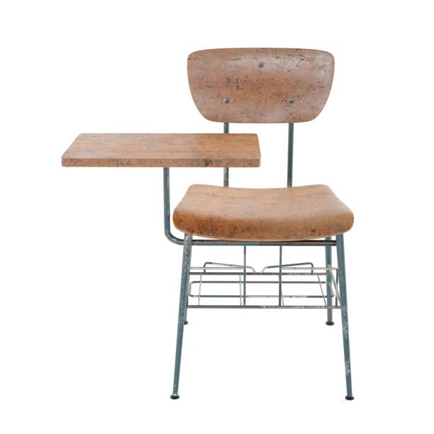 Realistic 3d college desk and chair isolated on a vertical white background.