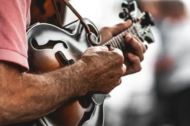 A closeup side view of man's hands playing mandolin.