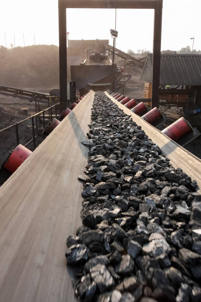 処理用コンベヤーベルト上の石炭鉱石の垂直ショット - natural phenomenon ストックフォトと画像
