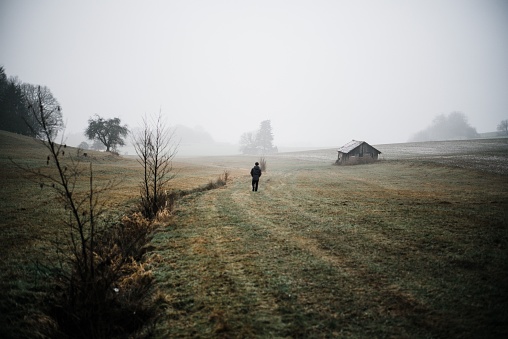 A man in a green meadow walking to a wooden rural house at foggy weather