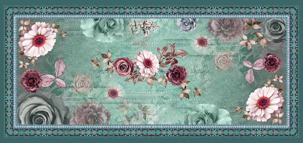 A whole frame illustration of a carpet design with elegant floral patterns on the fabric