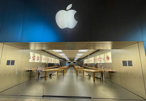 Fresno, United States – January 30, 2021: A photo of an Apple Mac Store empty and closed during COVID 19 in 2021