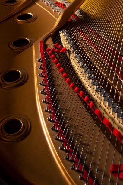 istock Closeup vertical shot of a grand piano interior with string details 1442114237