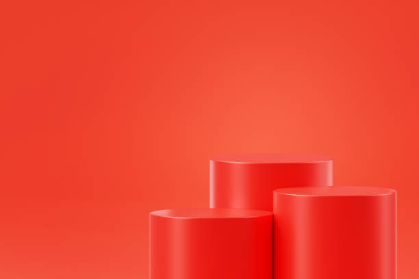 istock Red cylinder stand podium product display scene pedestal platform geometric abstract background empty backdrop studio for product placement 3d rendering 1442115961
