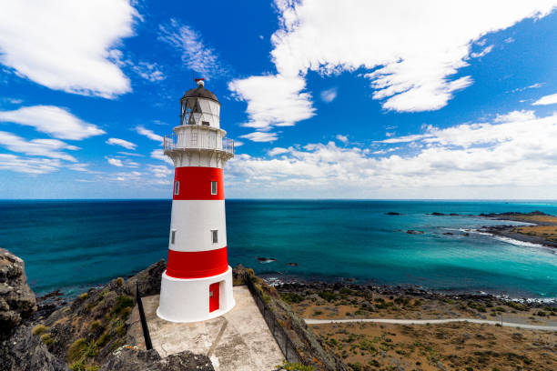 toma aérea del faro de cape palliser en nueva zelanda - wellington region new zealand fotografías e imágenes de stock