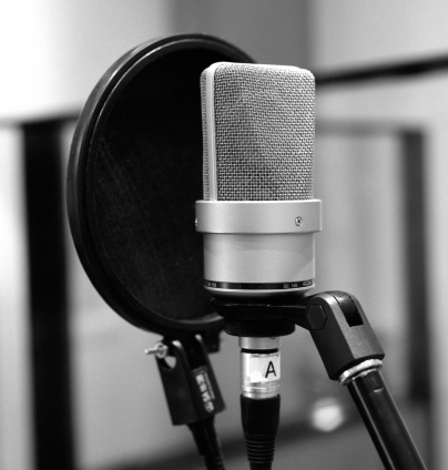 A studio microphone used for recording vocals.