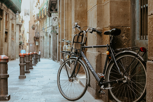 Barcelona, Spain – March 01, 2021: Horizontal shot of the bicycle on the street of Barcelona, Spain