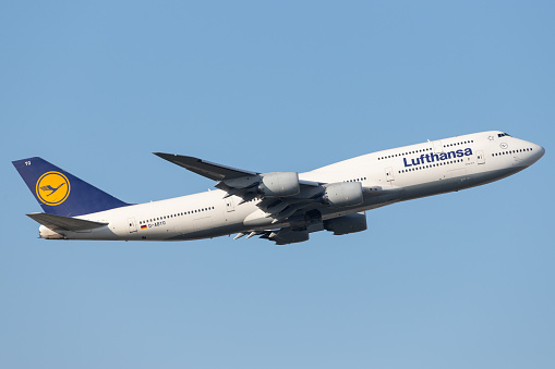 Frankfurt am Main, Germany – November 02, 2019: Lufthansa (LH / DLH) departing Frankfurt Airport (EDDF/FRA) with a Boeing 747-830 B748 (D-ABYO/37841).