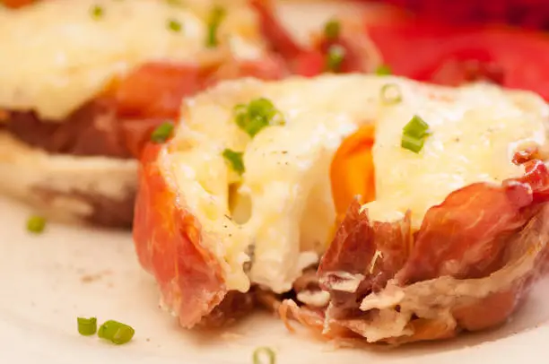 baked proscuitto egg cups with tomato, a ketogenic diet meal