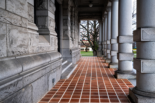 A wet entrance of The British Columbia Parliament Building in Victoria after a rain