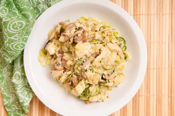 creamy chicken alfredo with zucchini noodles , a ketogenic diet meal