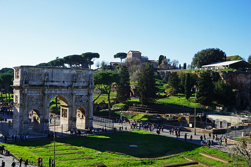 The largest Roman triumphal arch between the Colosseum and Palatine hill, stands victory over Tyrant Maxentius- Rome, Italy