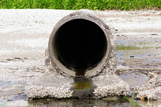 Front view of concrete stormwater pipe discharging water at beach
