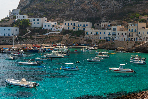 Levanzo, Italy – August 17, 2020: View of Levanzo Island, is the smallest of the three Aegadian islands in the Mediterranean sea of Sicily, Italy