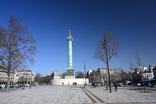 Paris, France – February 24, 2021: Colonne de Juillet with a statue on the top