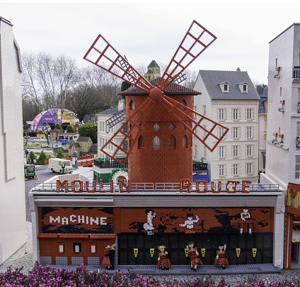 Windsor, United Kingdom – April 06, 2018: A Lego Moulin Rouge in Legoland Windsor