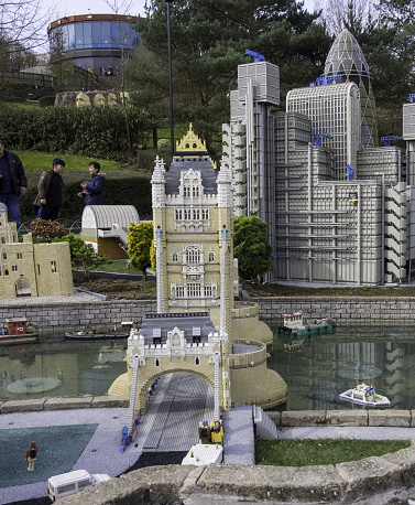 Windsor, United Kingdom – April 06, 2018: A Lego Tower Bridge in Legoland Windsor