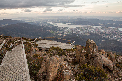 A breathtaking aerial view over Hobart from a lookout on Kunanyi Mount Wellington, Tasmania, Australia
