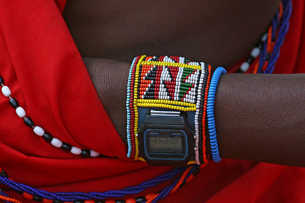 Digital watch on wrist of Masai warrior stock photo
