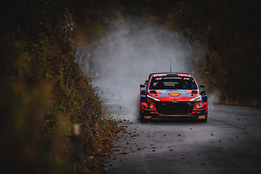 Capovalle, Italy – November 04, 2021: A beautiful shot of a Thierry Neuville testing hyundai i20 Wrc plus before rally Monza