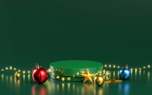 istock Green Podium Christmas Light Decoration New Year Product Display Template Mockup 3D Render 1442122912