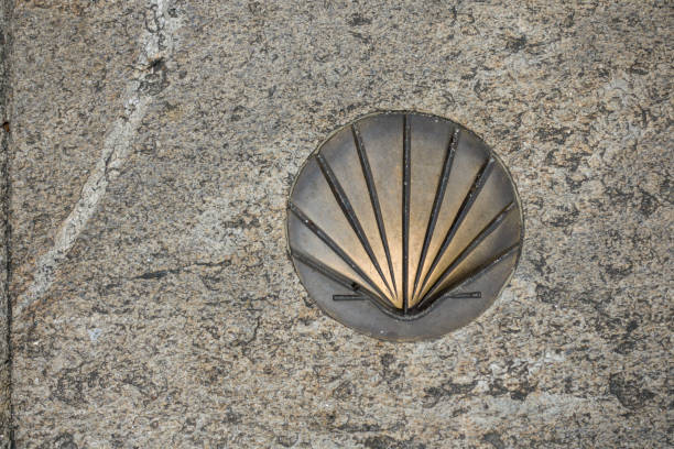 Baiona, Spain – October 12, 2021: St. James's shell, a symbol of the Camino de Santiago, on a wall