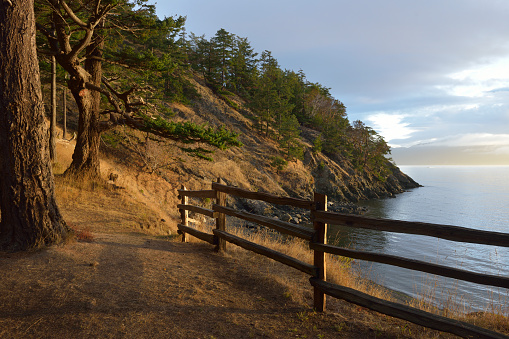 The wooden fence along the cliffs at East Cove. James Island, San Juan Islands, Washington, USA.